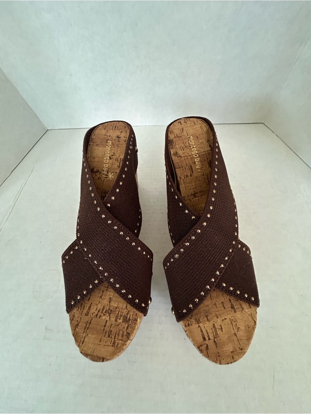 Montego Bay Club Brown Studded Crisscross Cork Wedge Sandals Sz 8 NWIB
